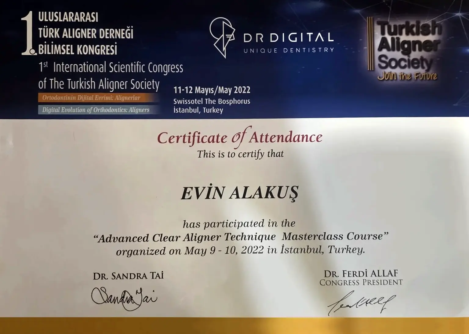 Advanced Clear Aligner Technique katılım sertifikası