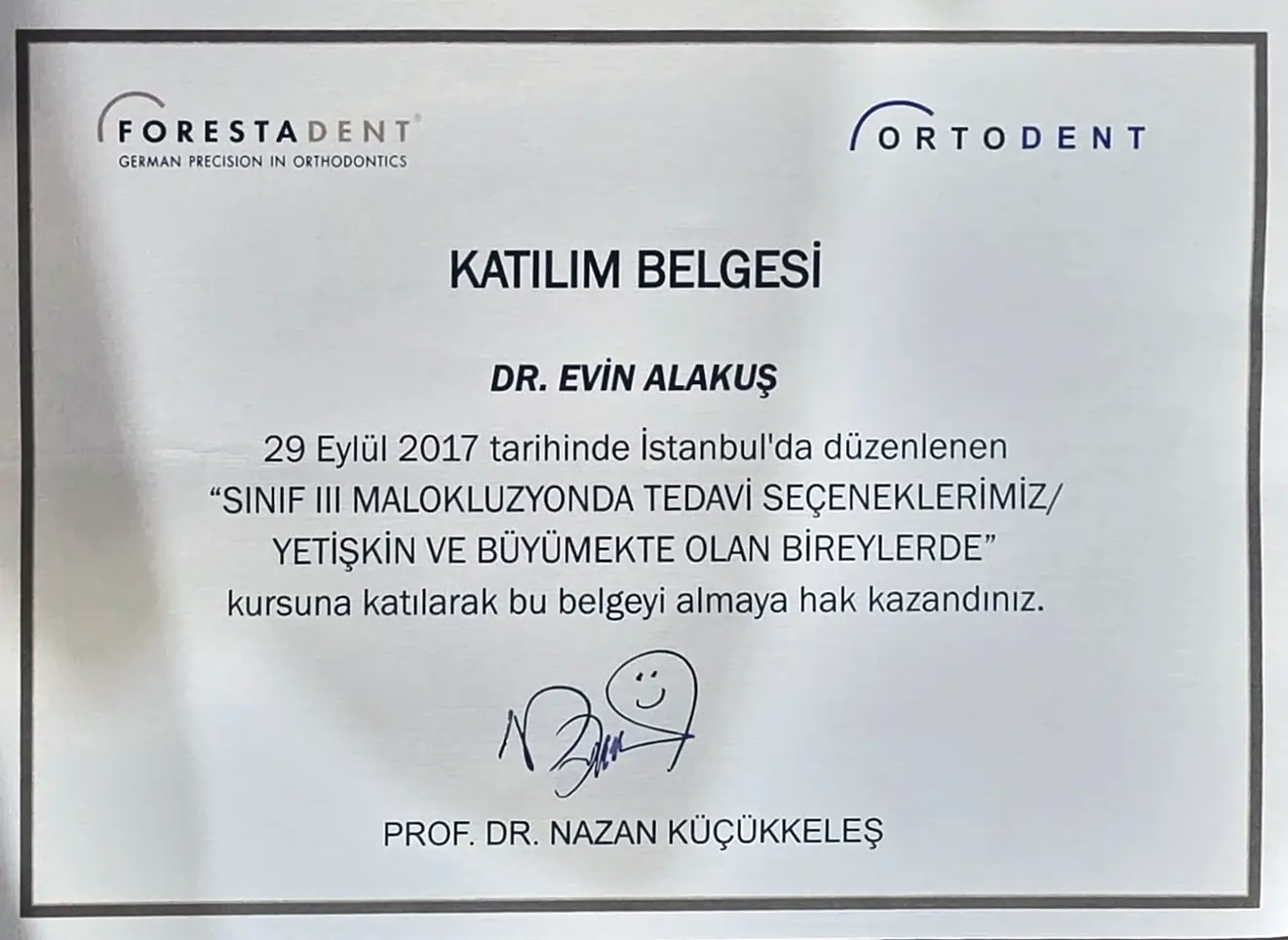 Sınıf III Maloklüzyonda Tedavi Seçenekleri katılım sertifikası