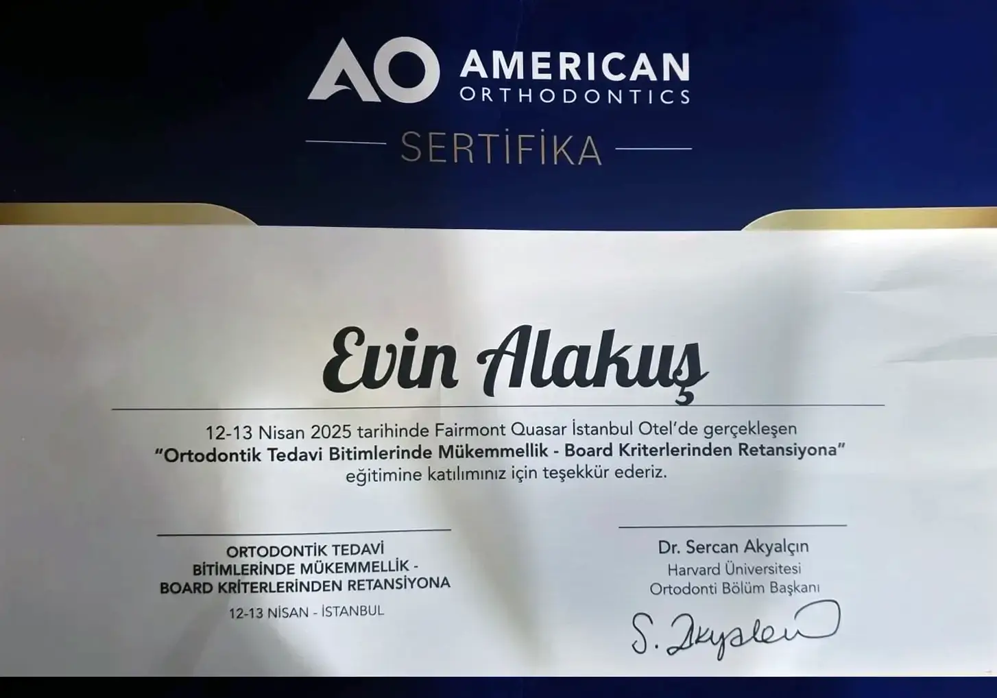 Ortodontik Tedavi Bitimlerinde Mükemmellik katılım sertifikası