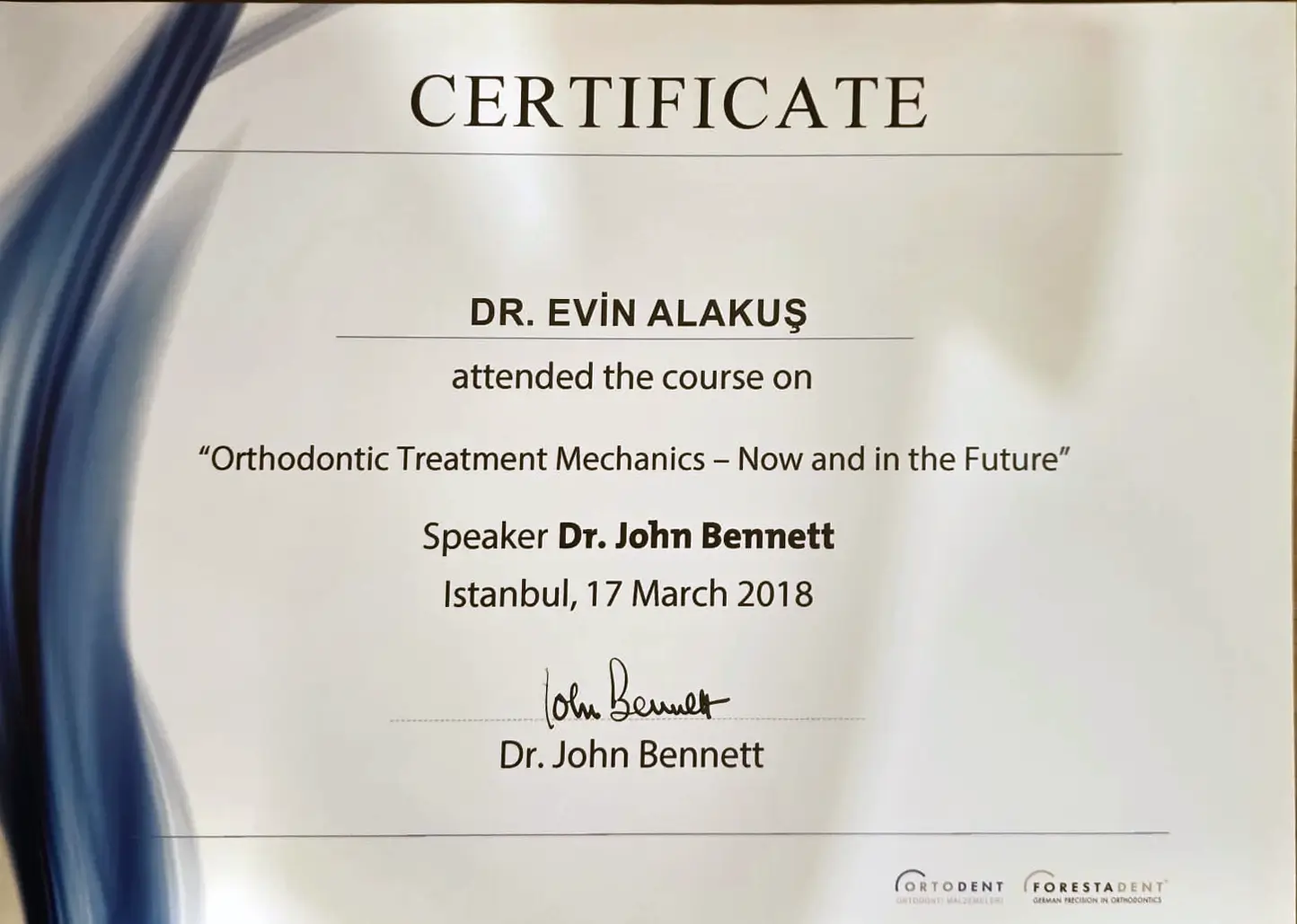 Orthodontic Treatment Mechanics katılım sertifikası