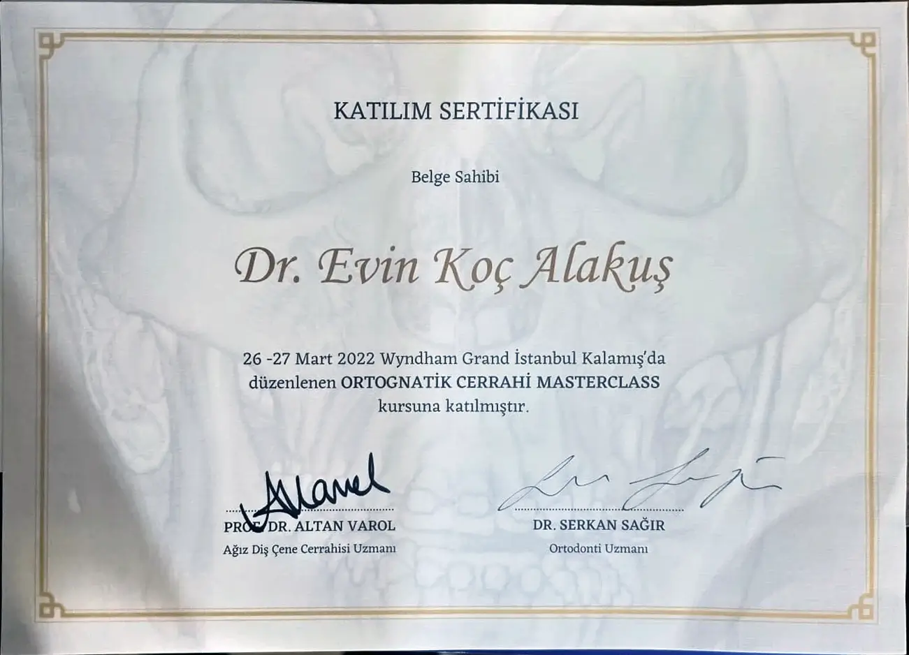 Ortognatik Cerrahi Masterclass katılım sertifikası