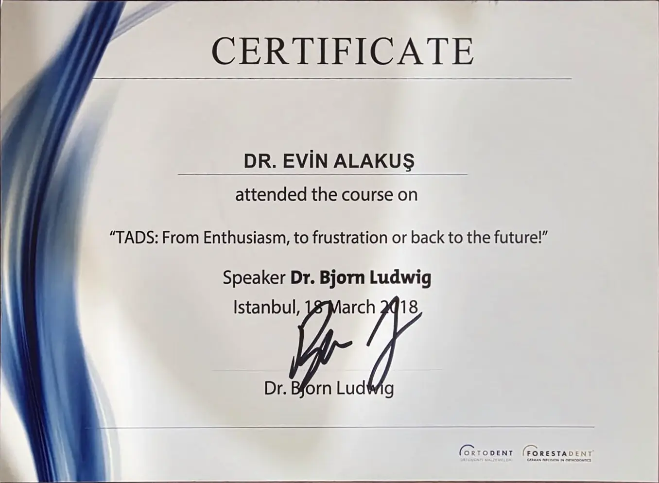 TADs: From Enthusiasm to the Future katılım sertifikası