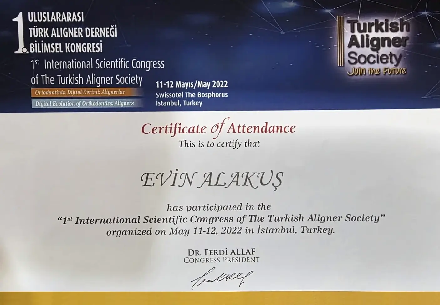 Türk Aligner Derneği 1. Bilimsel Kongresi katılım sertifikası