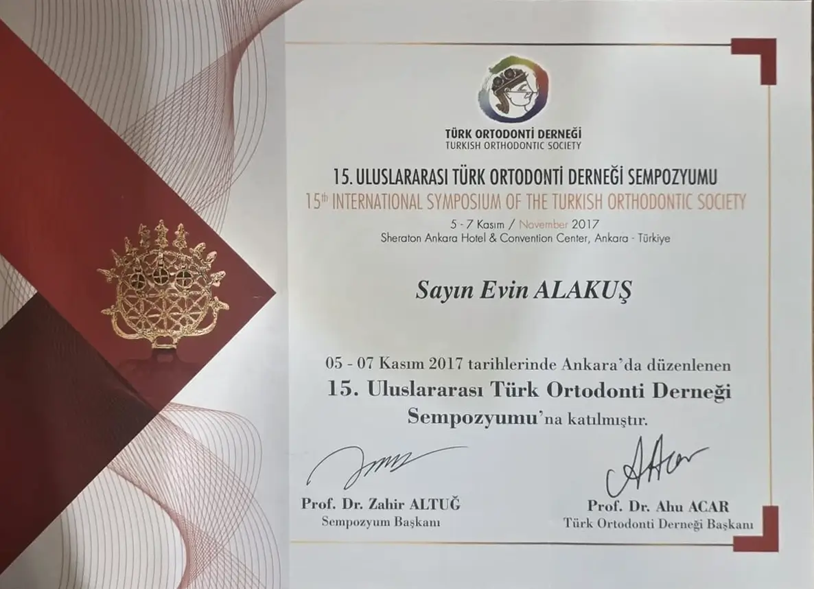 Türk Ortodonti Derneği 15. Uluslararası Sempozyumu katılım sertifikası