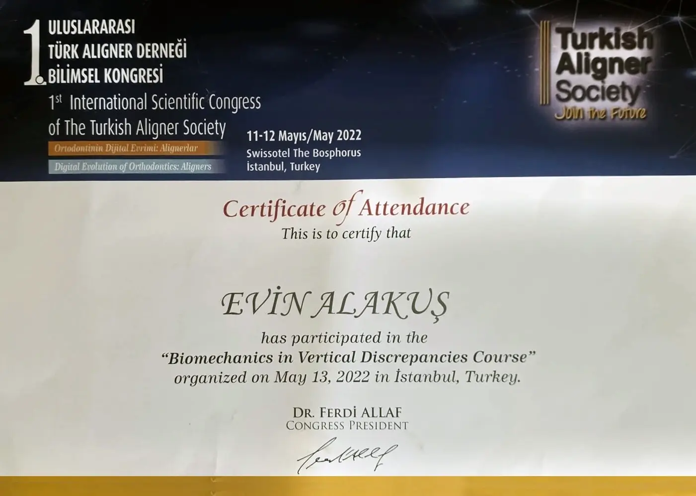 Biomechanics in Vertical Discrepancies katılım sertifikası