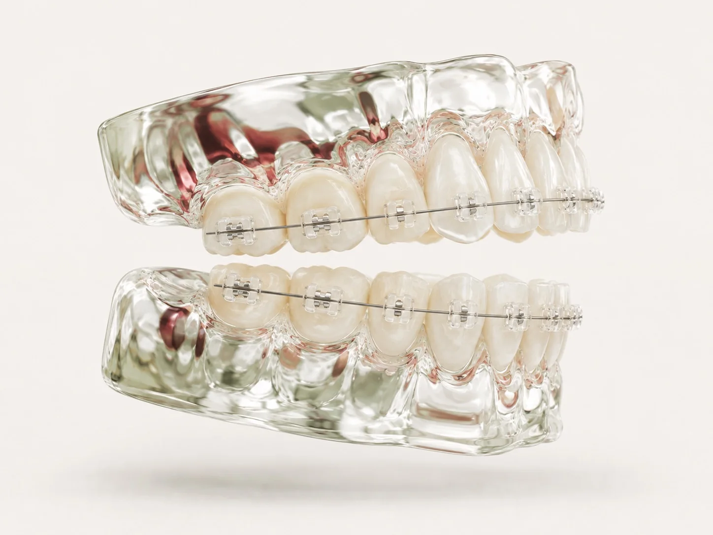 Left side view of a tooth model with braces prepared in a glass and ceramic aesthetic