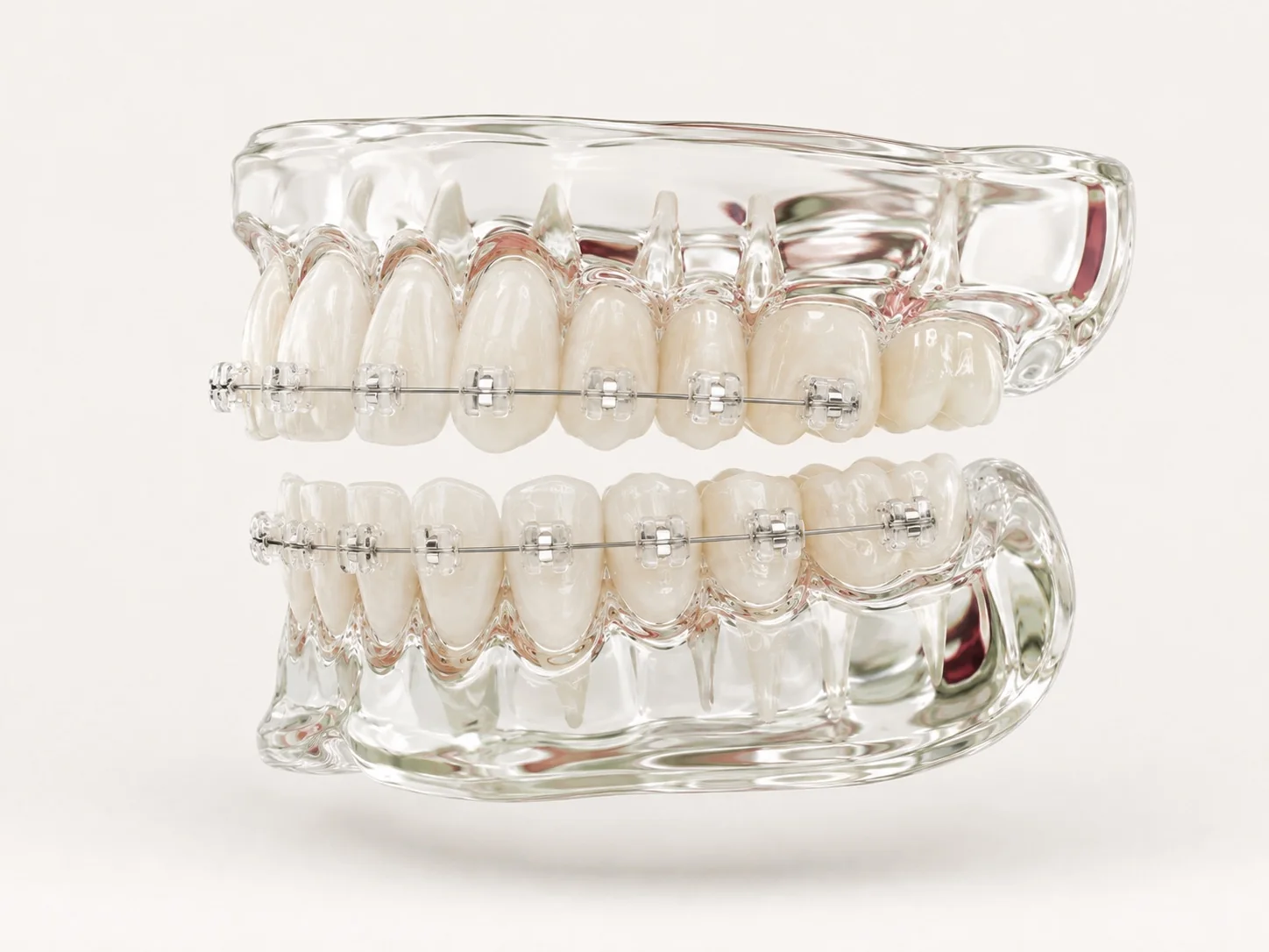 Right side view of a tooth model with braces prepared in a glass and ceramic aesthetic
