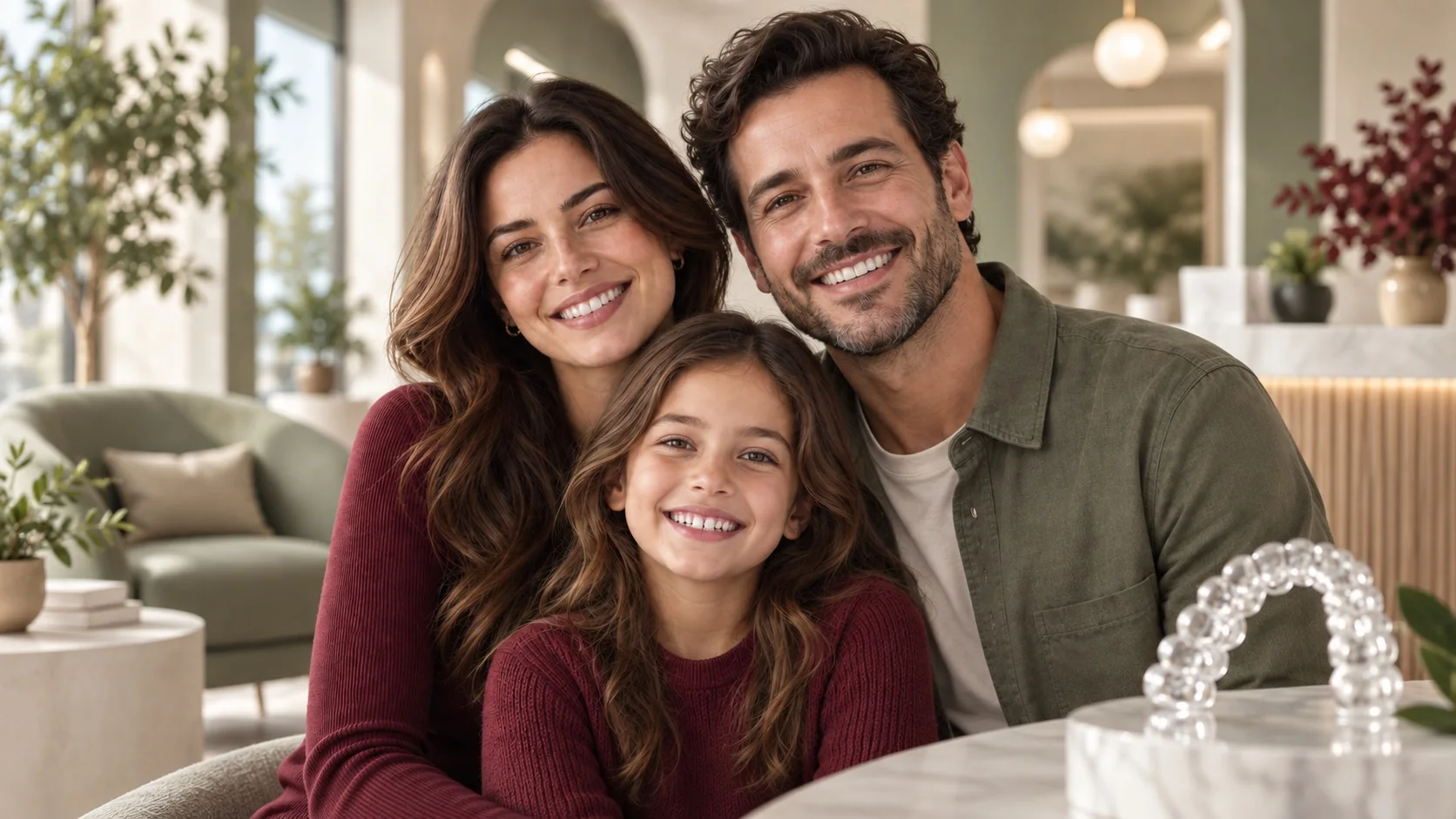 A woman, a man and a child smiling naturally in a bright setting