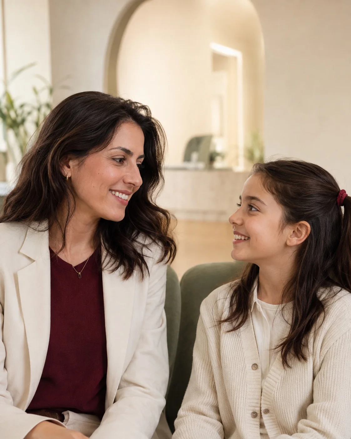 An adult and a child smiling at each other at an orthodontic clinic