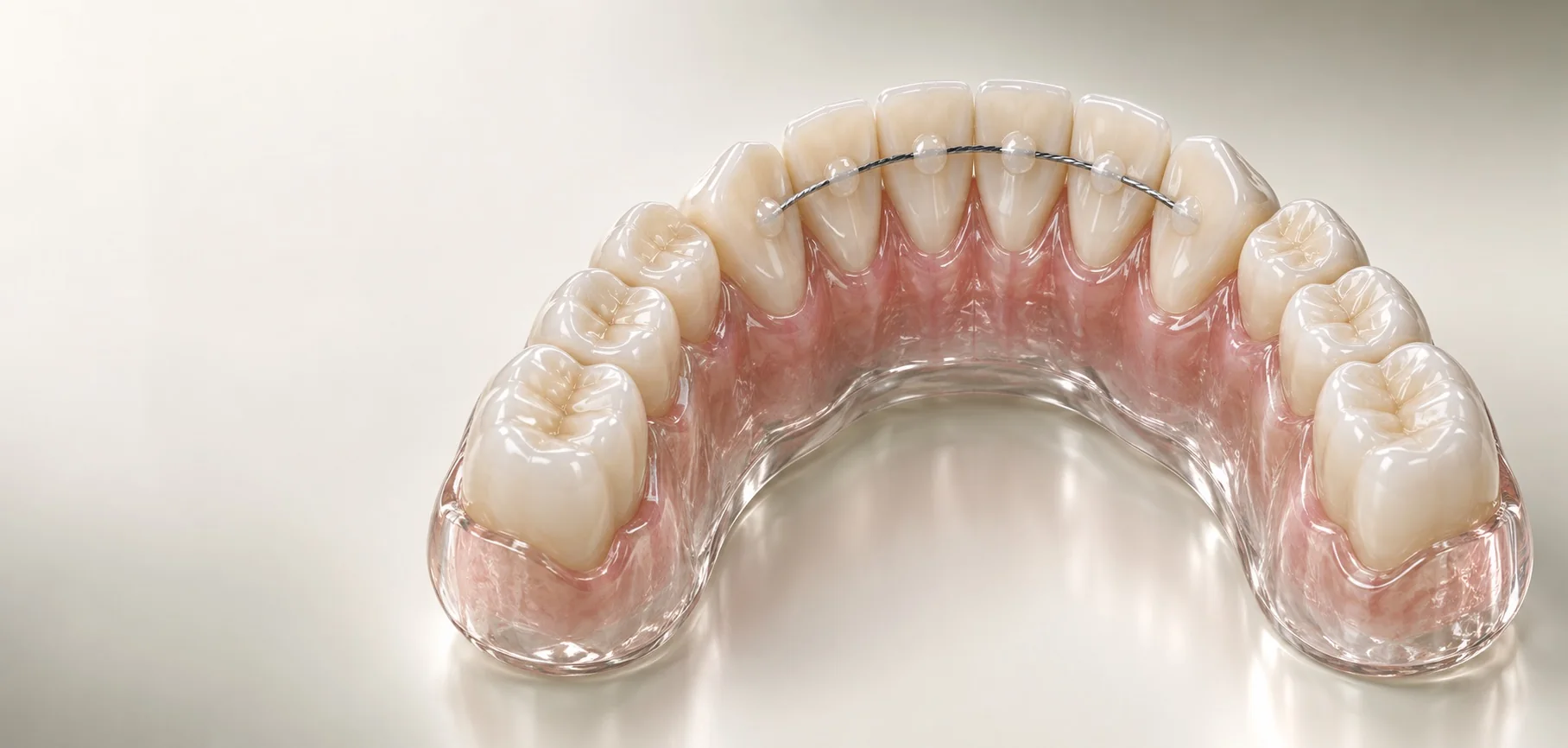 A representative 3D model showing a lingual retainer wire bonded to the inner surfaces of the lower front teeth