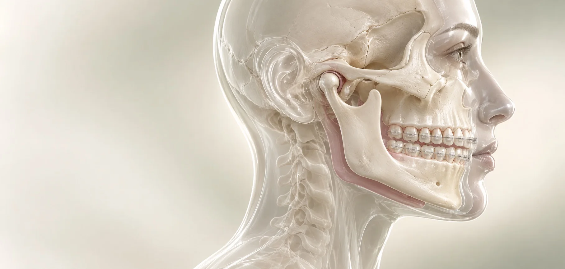 Alt ve üst çene ilişkisini yandan gösteren temsili şeffaf üç boyutlu anatomik model
