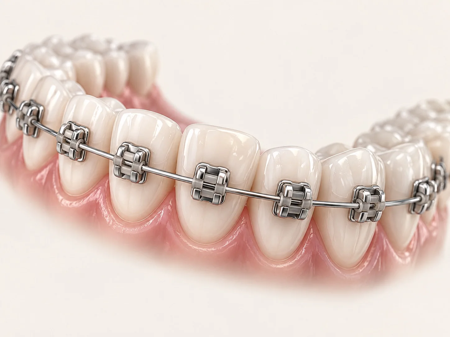 A glass ceramic tooth model showing a metal bracket and archwire system